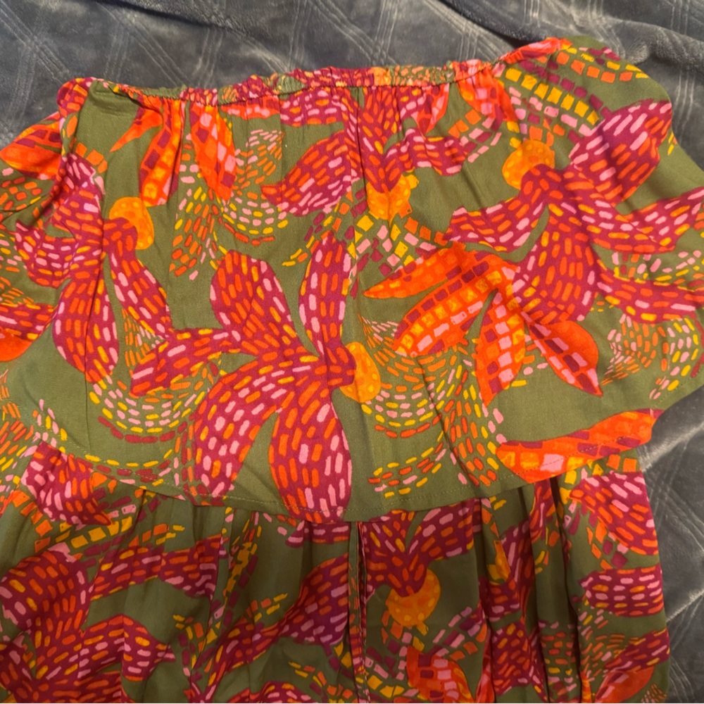 Vibrant Ruffle Tropical Colorful Strapless Maxi Dress Medium